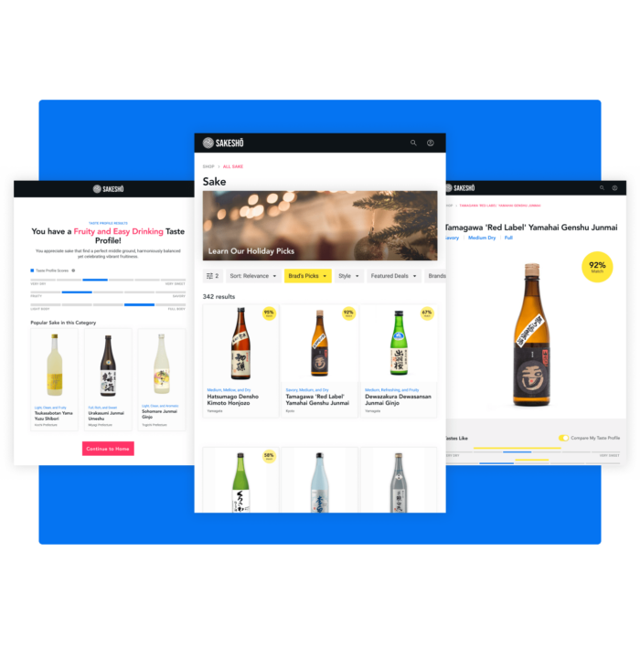 Curated Sake Product Catalog and Tasting Quiz Results UI