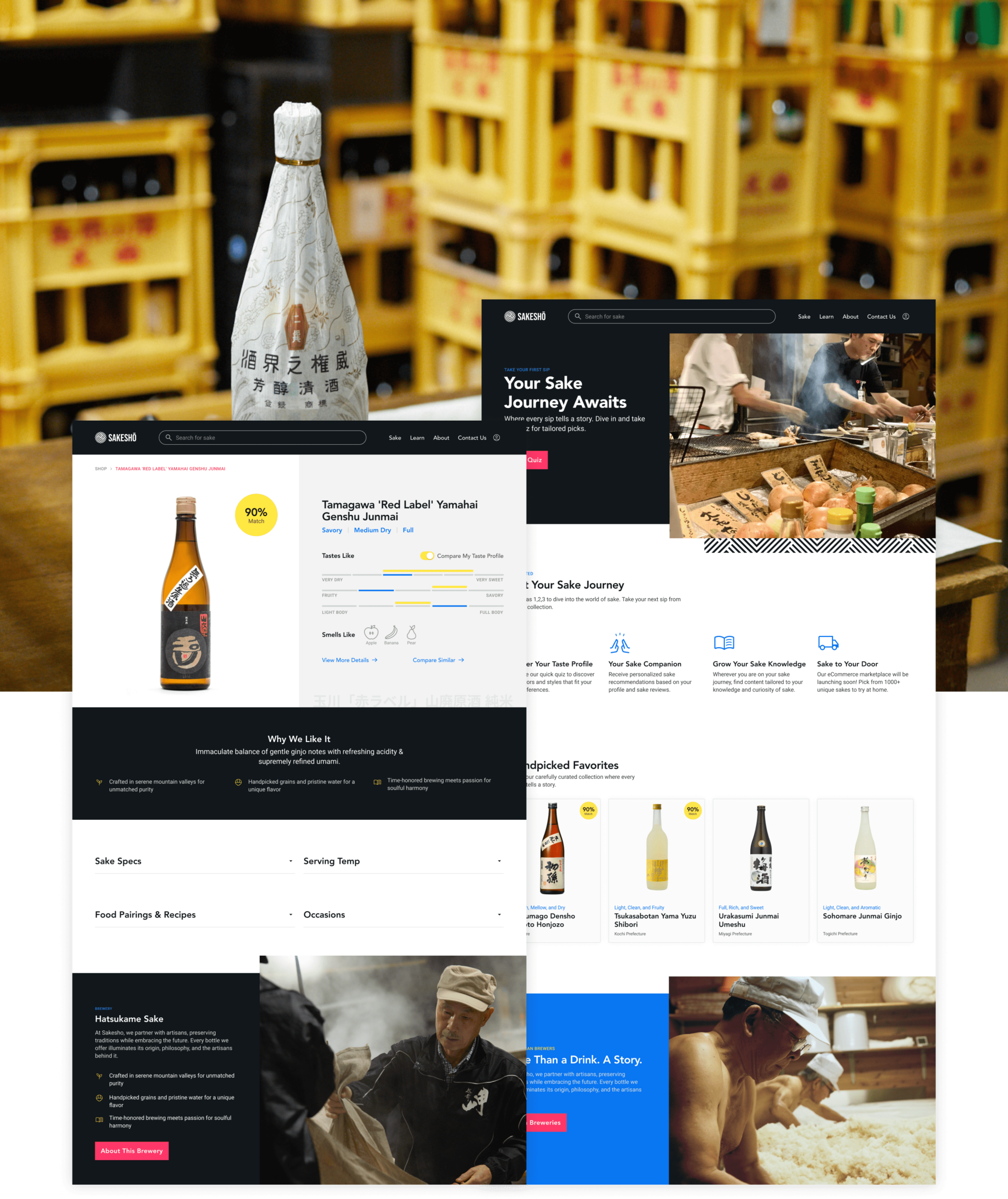 Home Page and Product Single Website Mockups with Sake Bottle in Background