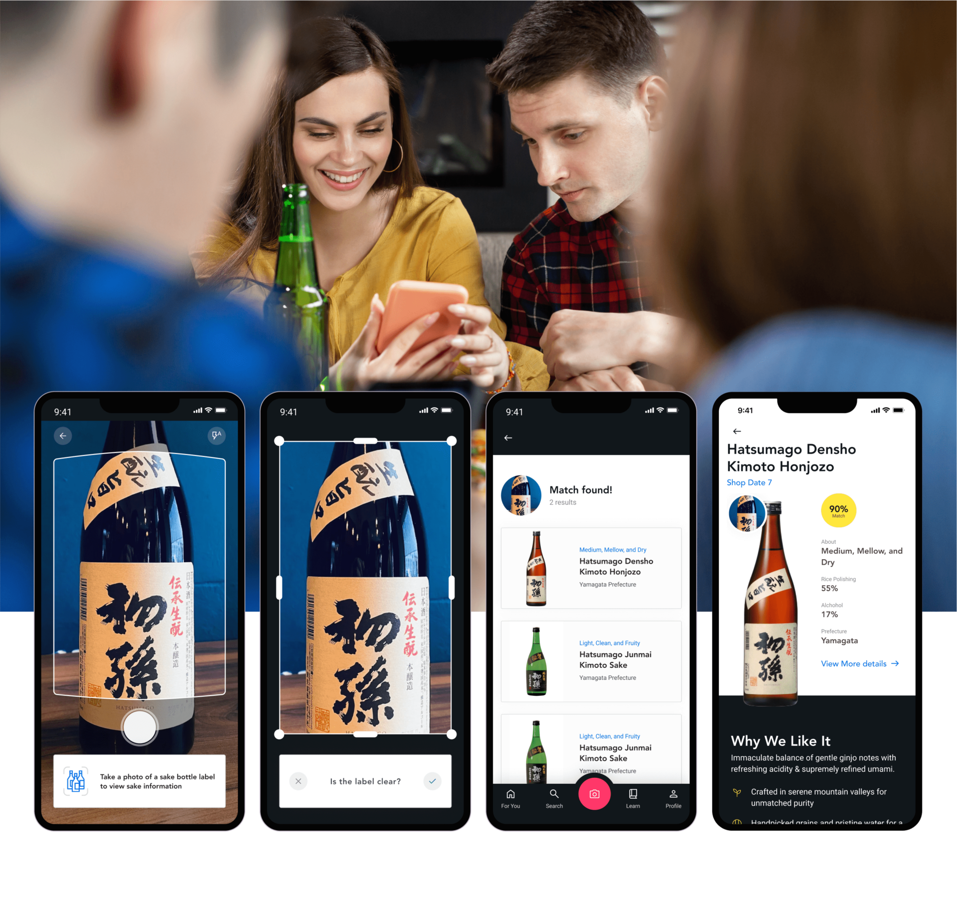 Mobile App Mockups of the Sake Label Scanner Feature with People at Restaurant in Background