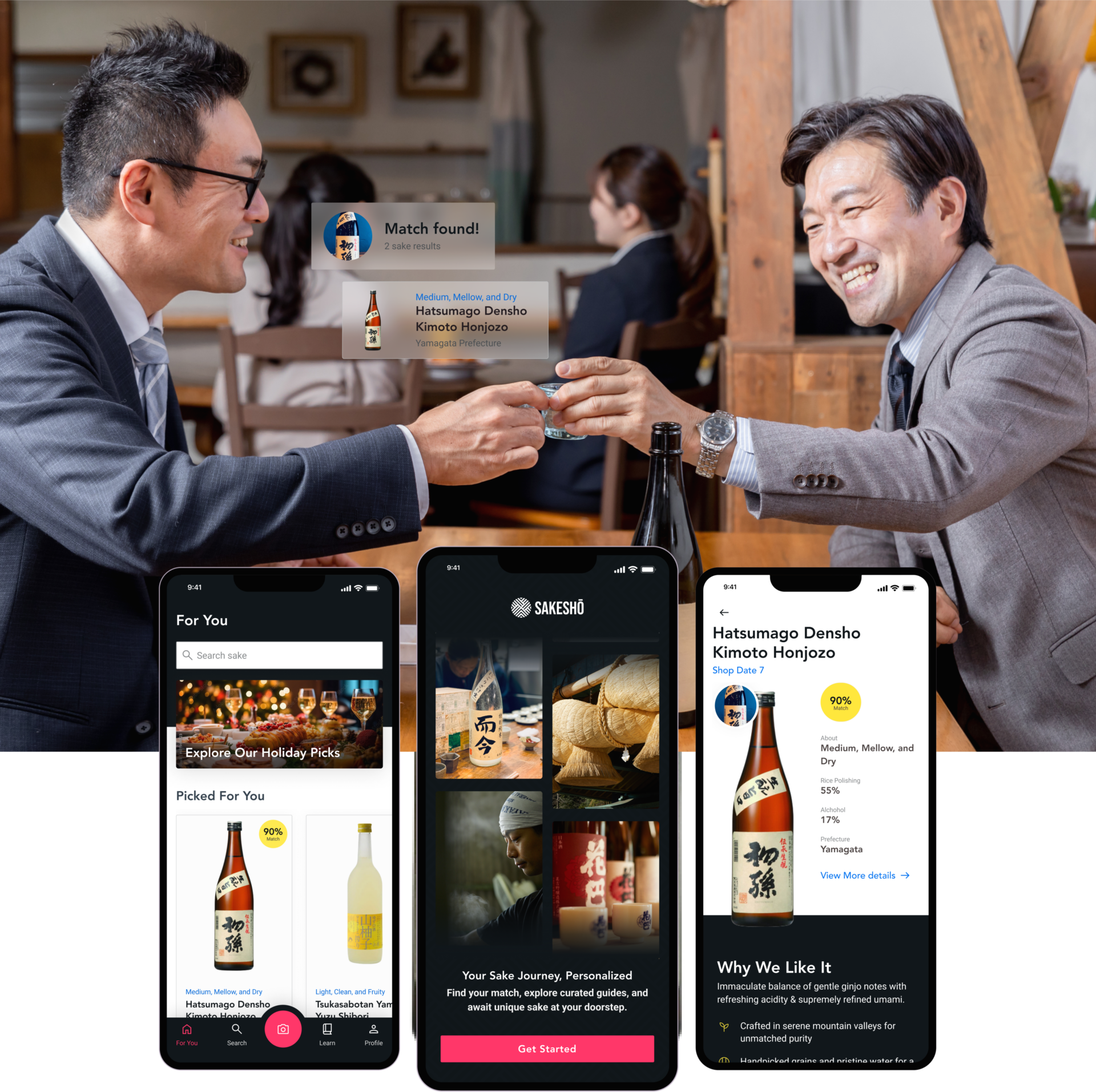 Sakesho Mobile App Screens Showcase with Men Cheering in Background