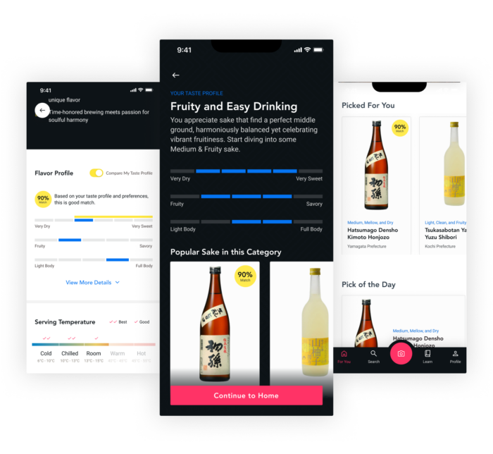 Sakesho Mobile App Mockups of Taste Profile and Recommended Sake Lists