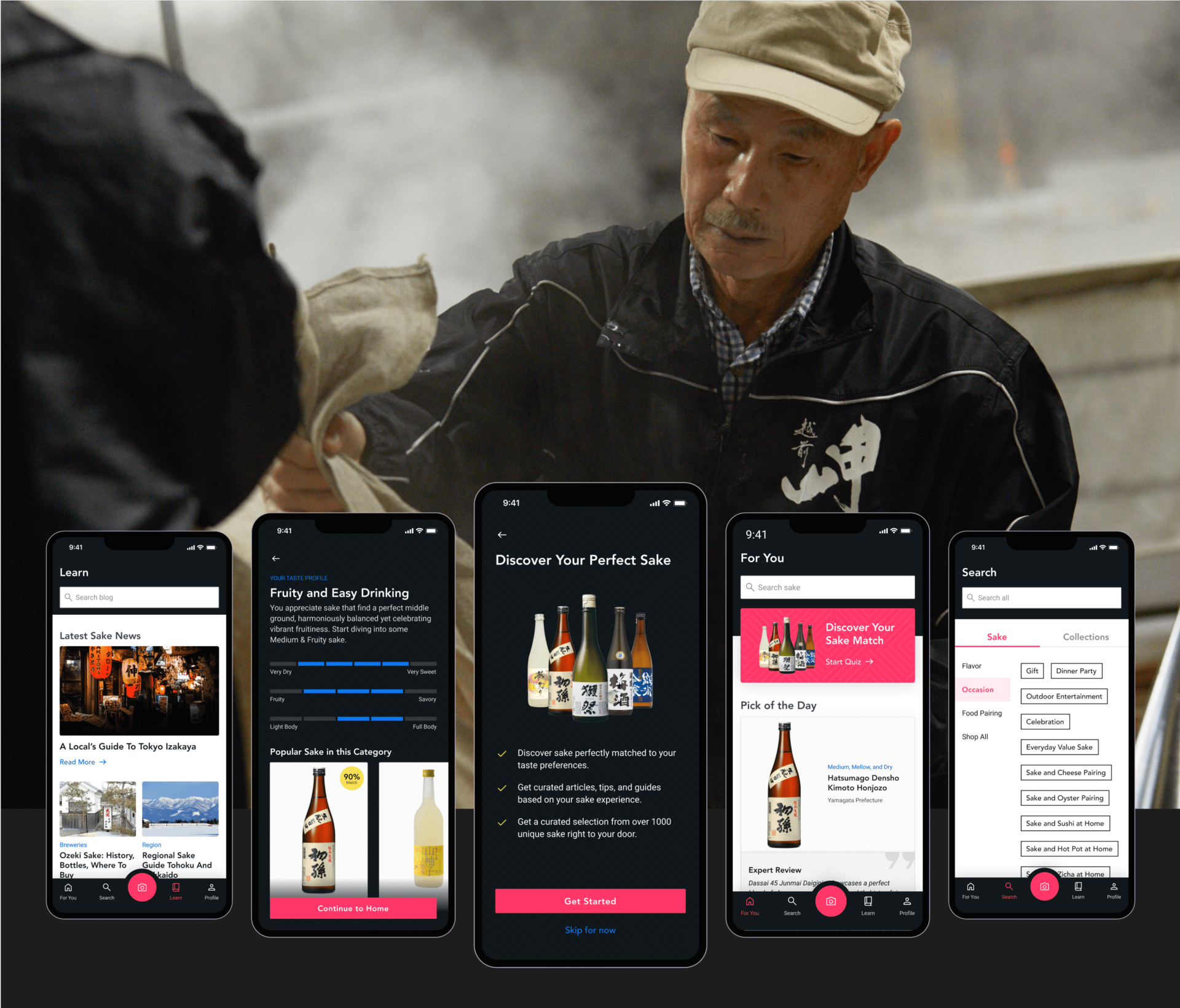 Sakesho Mobile App Mockup with Sake Brewer Image Behind